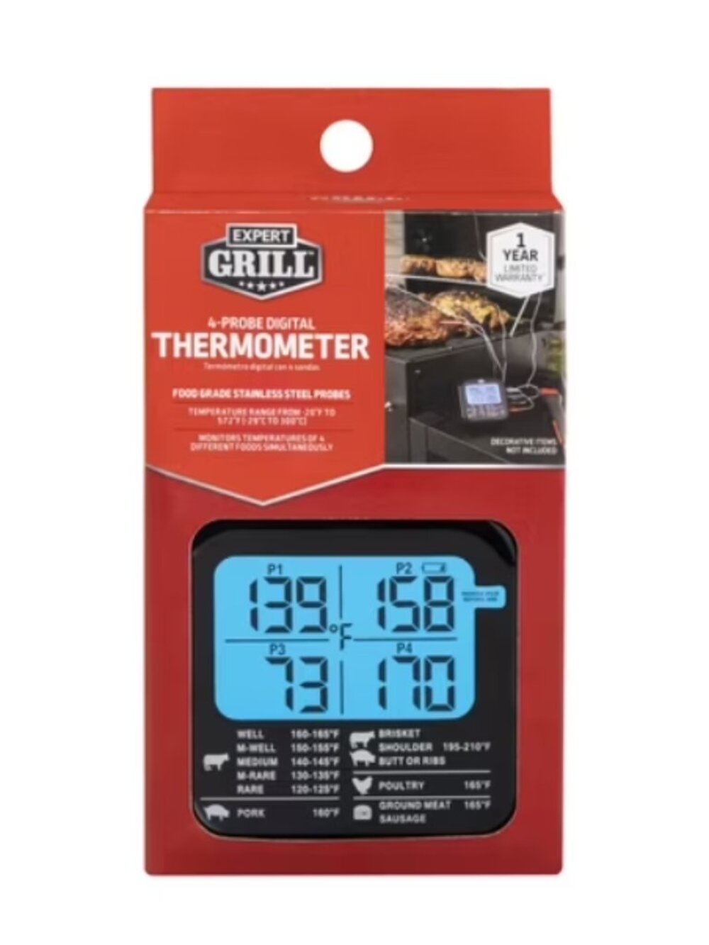 Expert Grill Digital Meat Thermometer LCD Display w/ 4 Stainless Steel Probes